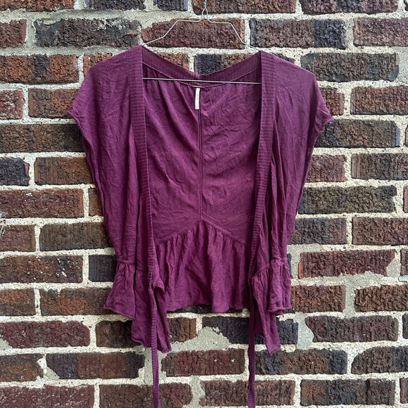 Free People short sleeve cardigan wrap tie sweater (plum purple) (size medium) - Picture 5 of 7